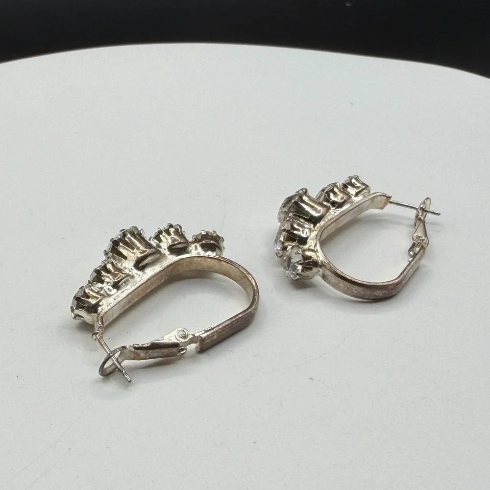 Rhinestone Hoop Earrings Silver Tone Clear Crystal Statement Wedding Glam Gift